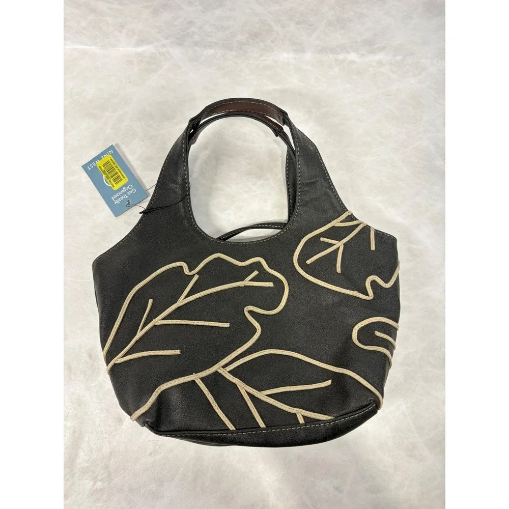 Nine West Black Embroidered Leaf Hobo Bag Handbag‎ with Mirror Accessory